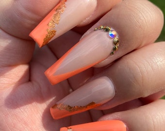 Orange French Coffin Nails Etsy Orange French Coffin Nails Etsy