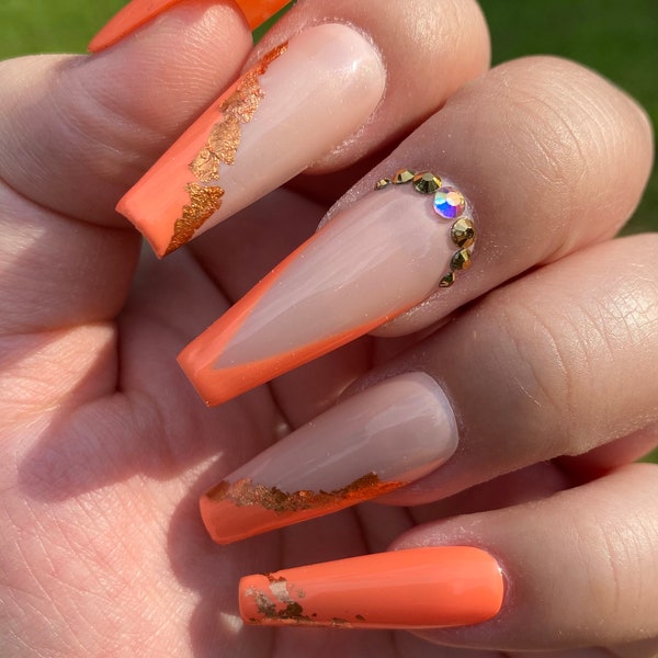 Zesty orange summer nail design- rose gold foil nail art-styled in long ballerina