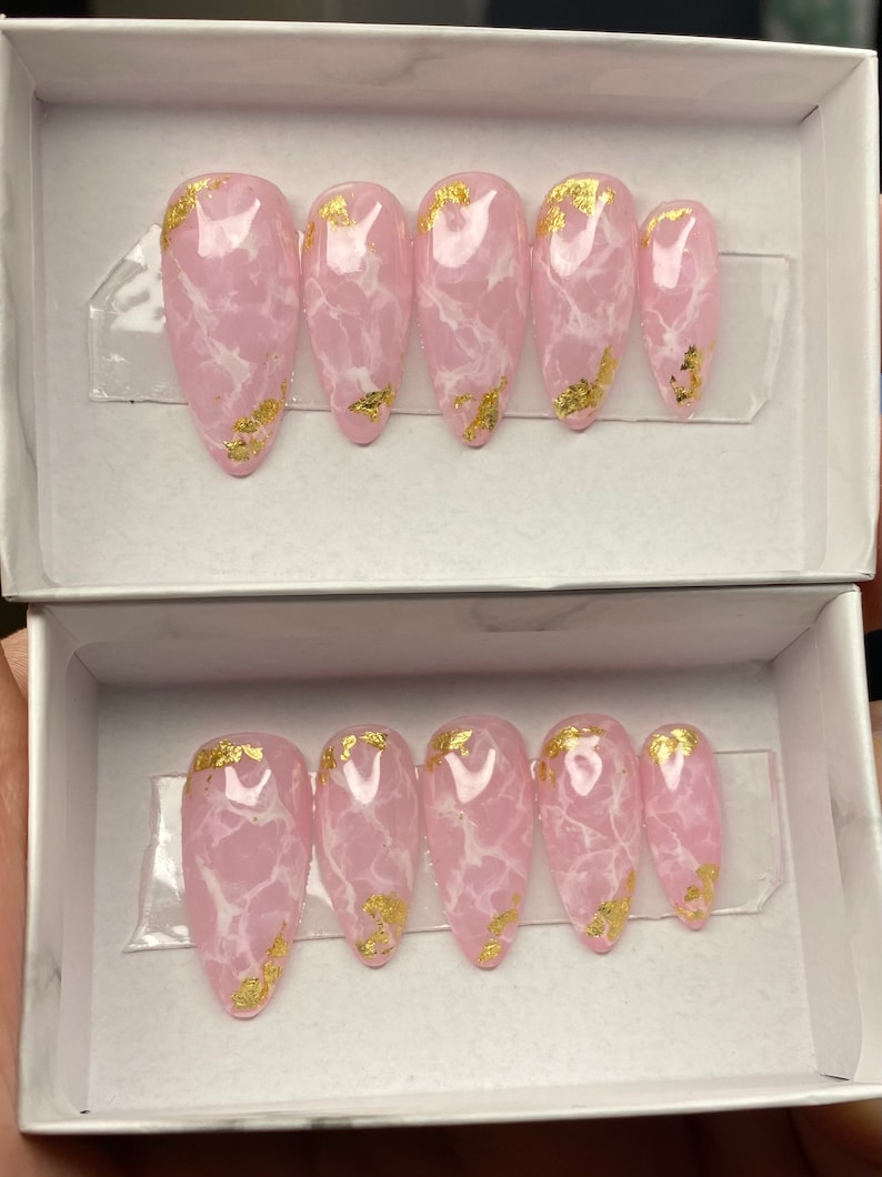 Stunning Rose Quartz Marble Nails With Gold Flakes Marble Etsy