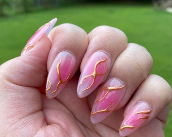 Jelly aura blush nails 3d gold chrome nail art