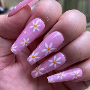 Pink daisy summer press on nails styles in long ballerina image 2