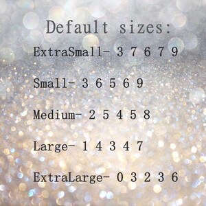 May include: A chart showing default sizes for clothing with the following sizes: Extra Small, Small, Medium, Large, and Extra Large. The sizes are listed with corresponding numbers.