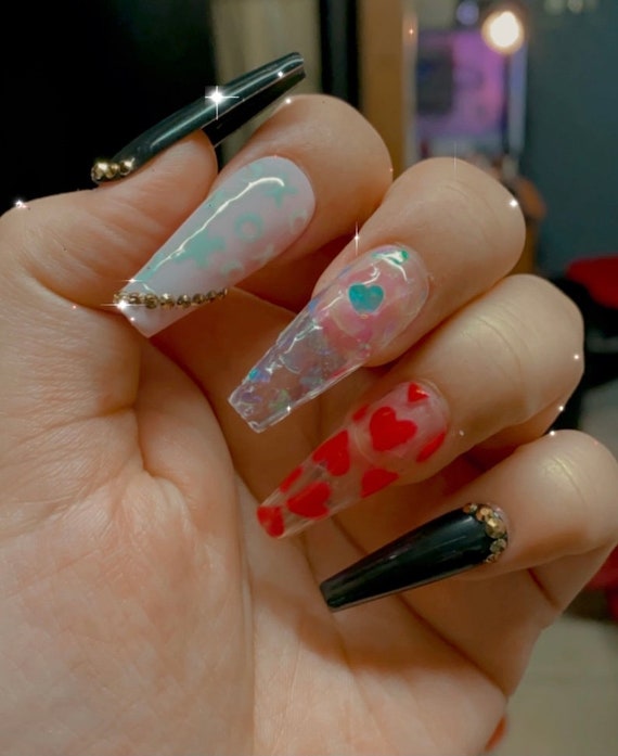 Love red bling long coffin crystal heart press on nails diamond valentine  holo