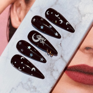 Moon Child Dark Black Star Moon Nails With Accent Hoop Nail Styled in Long Stiletto - Etsy
