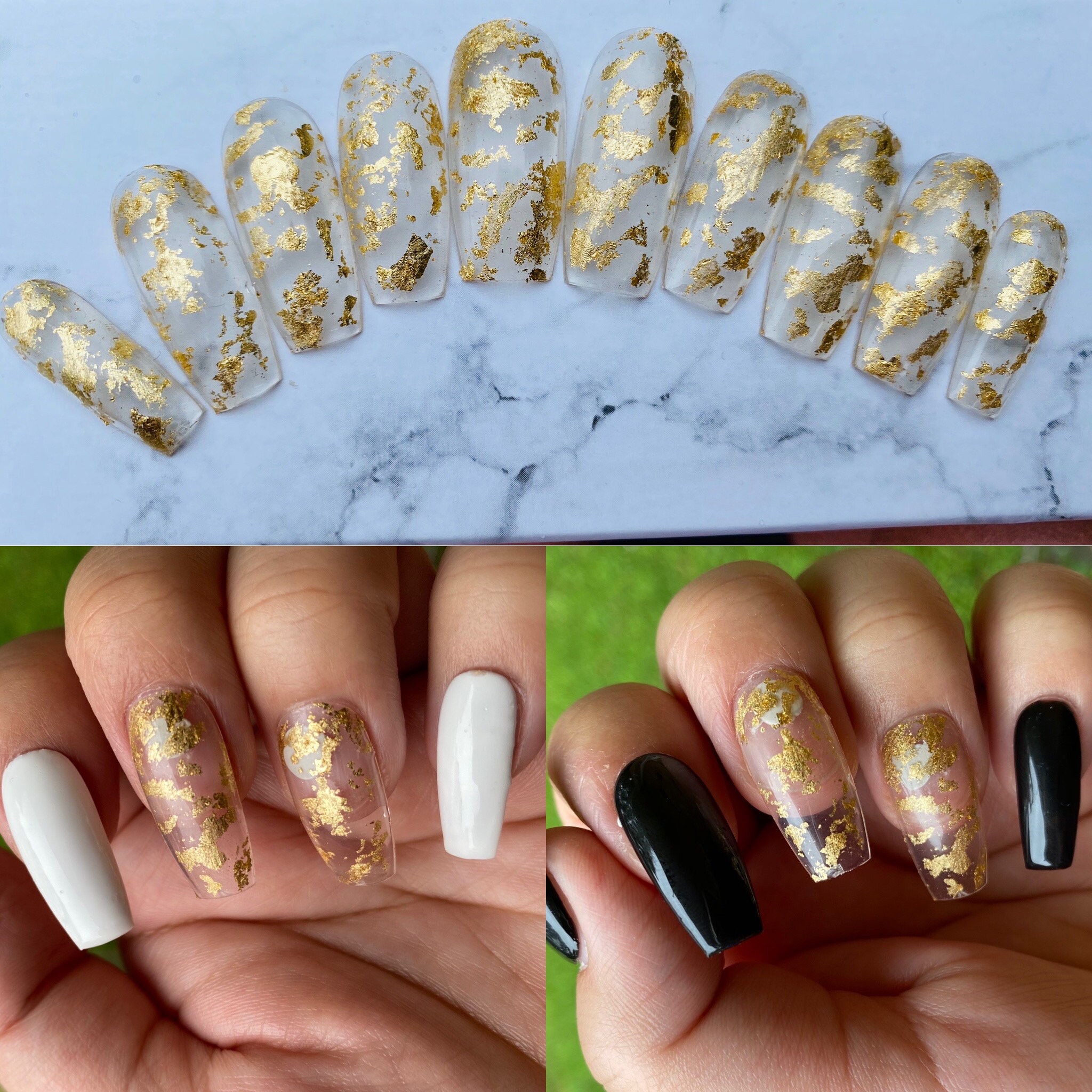 Glass Nails With Gold Flakes Accent Nails White &gold - Etsy