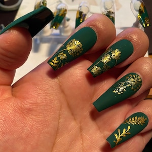 Dark forest green nails-matte green-gold nail art-gold flakes-long ballerina nails