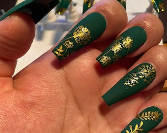 Dark forest green nails-matte green-gold nail art-gold flakes-long ballerina nails