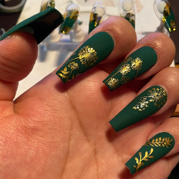 Dark Forest Green Nails-matte Green-gold Nail Art-gold Flakes-long