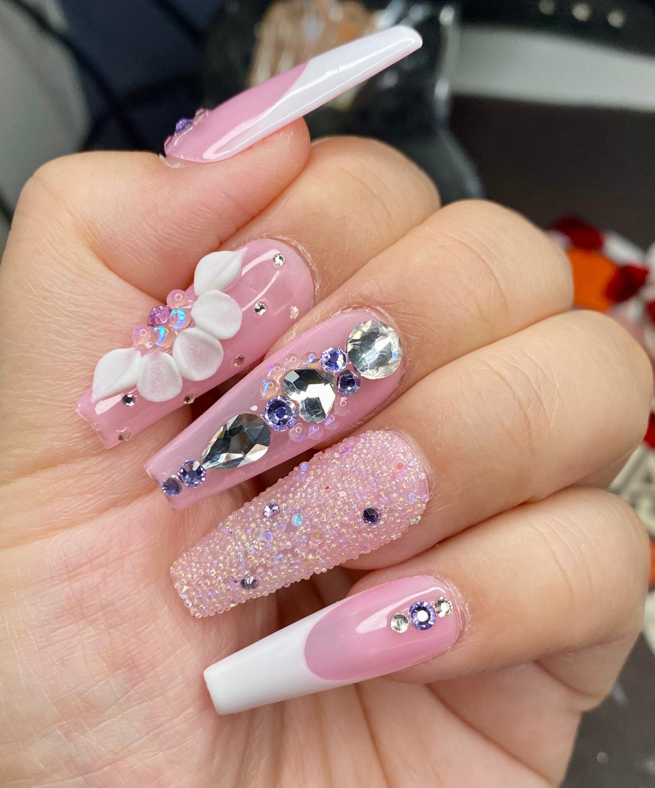 Pink French Ballerina Press on Nails: Silver Bling, 3D Flower - Etsy