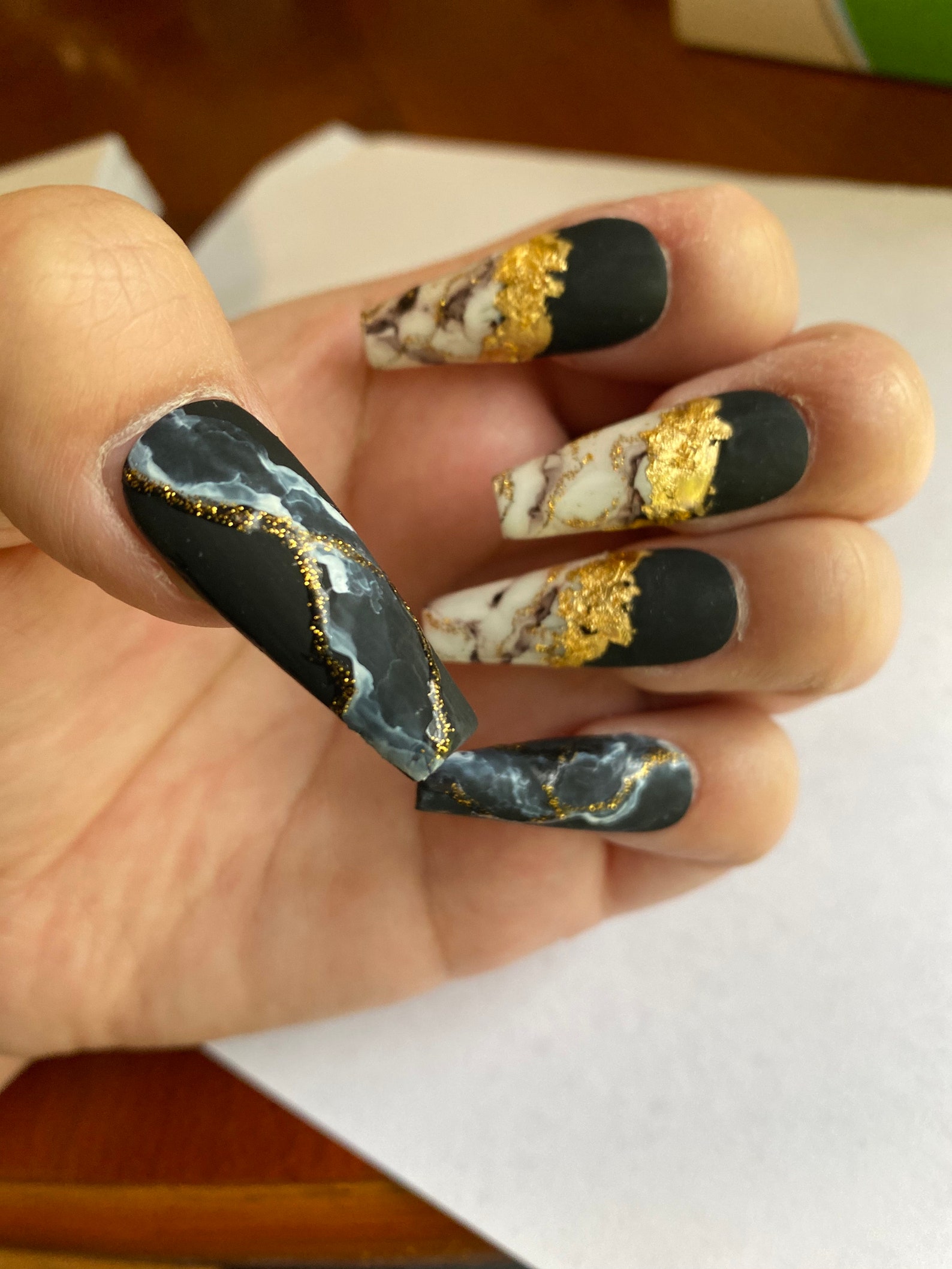 Black Marble-gold Flakes-white Marble Nails-fake Nails Styled in Long Ballerina - Etsy