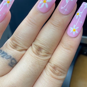 Pink daisy summer press on nails styles in long ballerina image 3