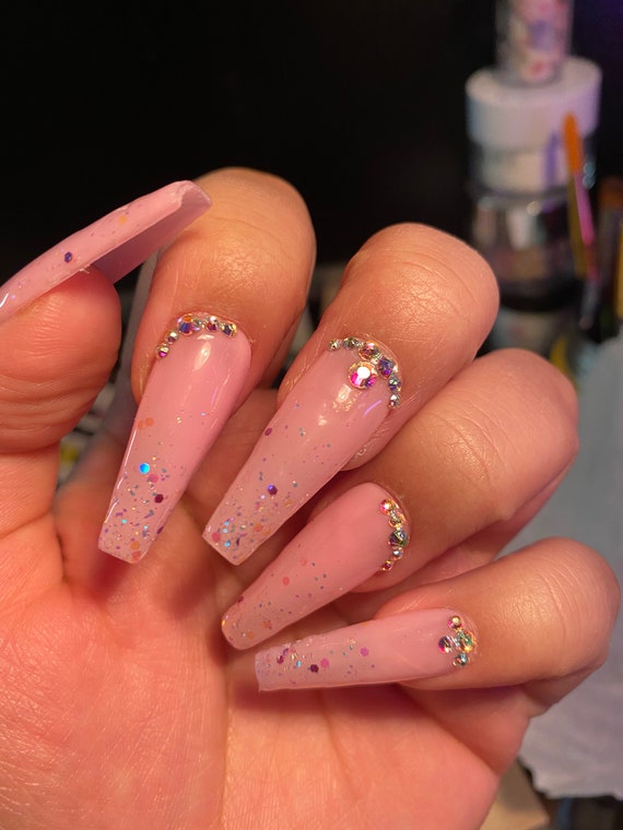 Uñas ombre de confeti rosa bebé con diseños de diamantes de - Etsy México