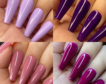 Solid basic color press on nails Lilac | lavender | mauve purple press on nails styled in long ballerina