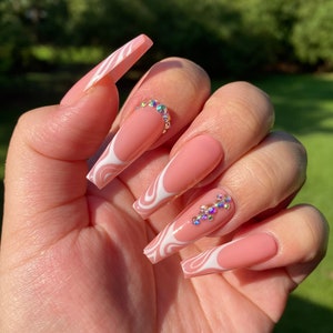 Abstract lines French nails/Pink and white press on nails-styled in long ballerina