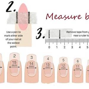 May include: A guide to measuring your nails for press-on nails. The image shows a ruler with measurements in millimetres and a series of nails with corresponding measurements from 18 mm to 8 mm. The text "Measure baby!" and "glazed by vuvu" are also included.