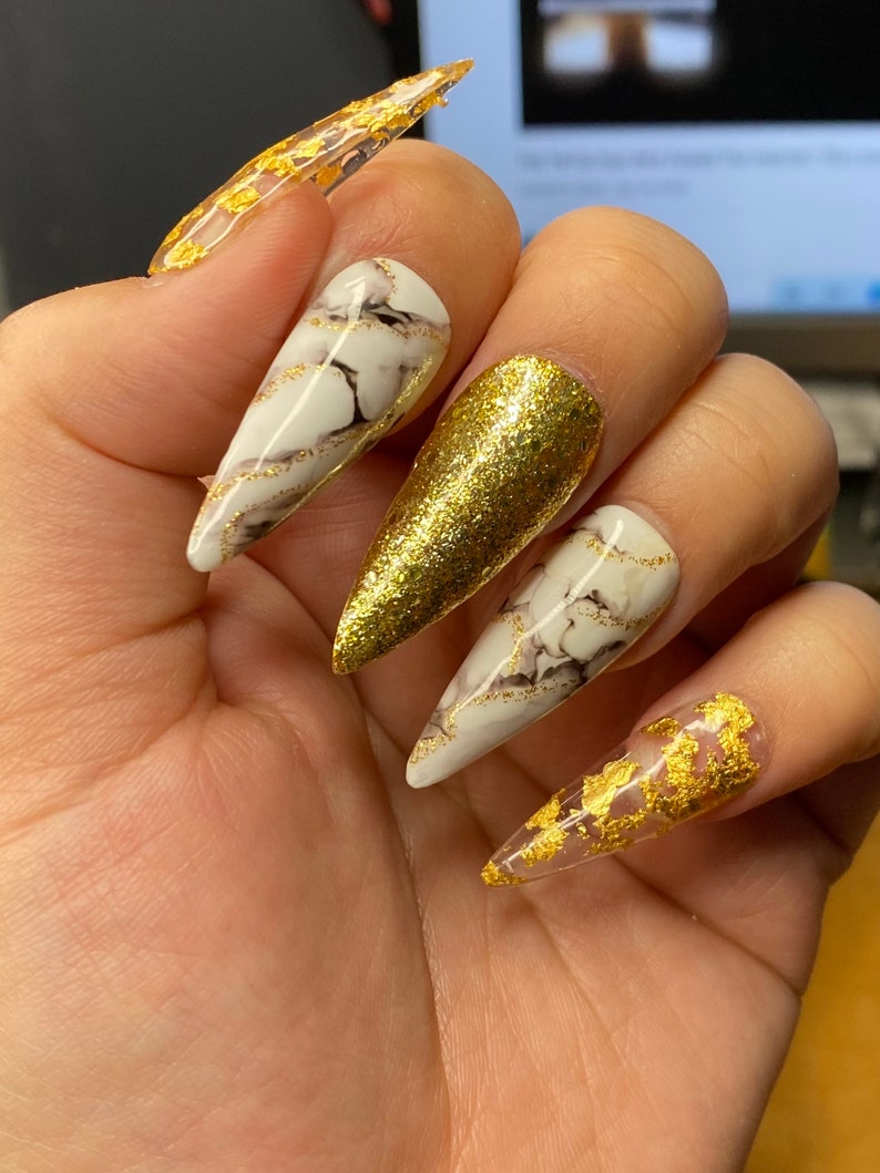 Stunning White Marble Nails With Gold Accent Nail Design Gold | Etsy