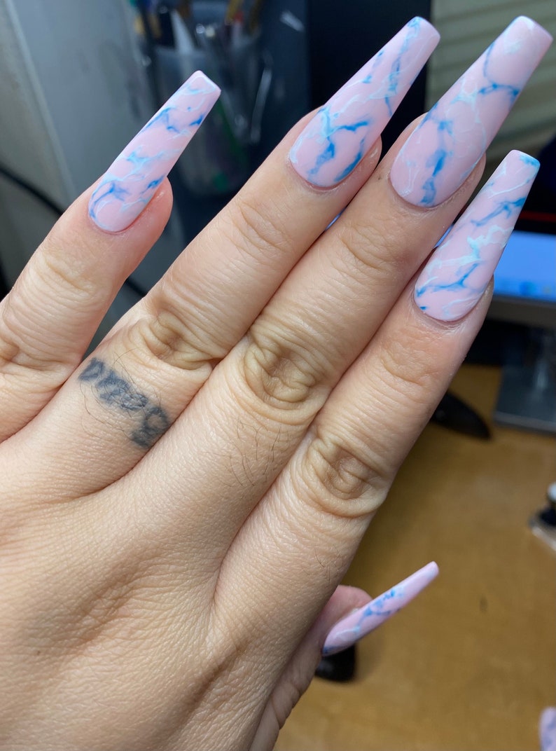 Matte marble dusty pink nails blue marble white marble trendy nails press on nails styled in long ballerina image 1