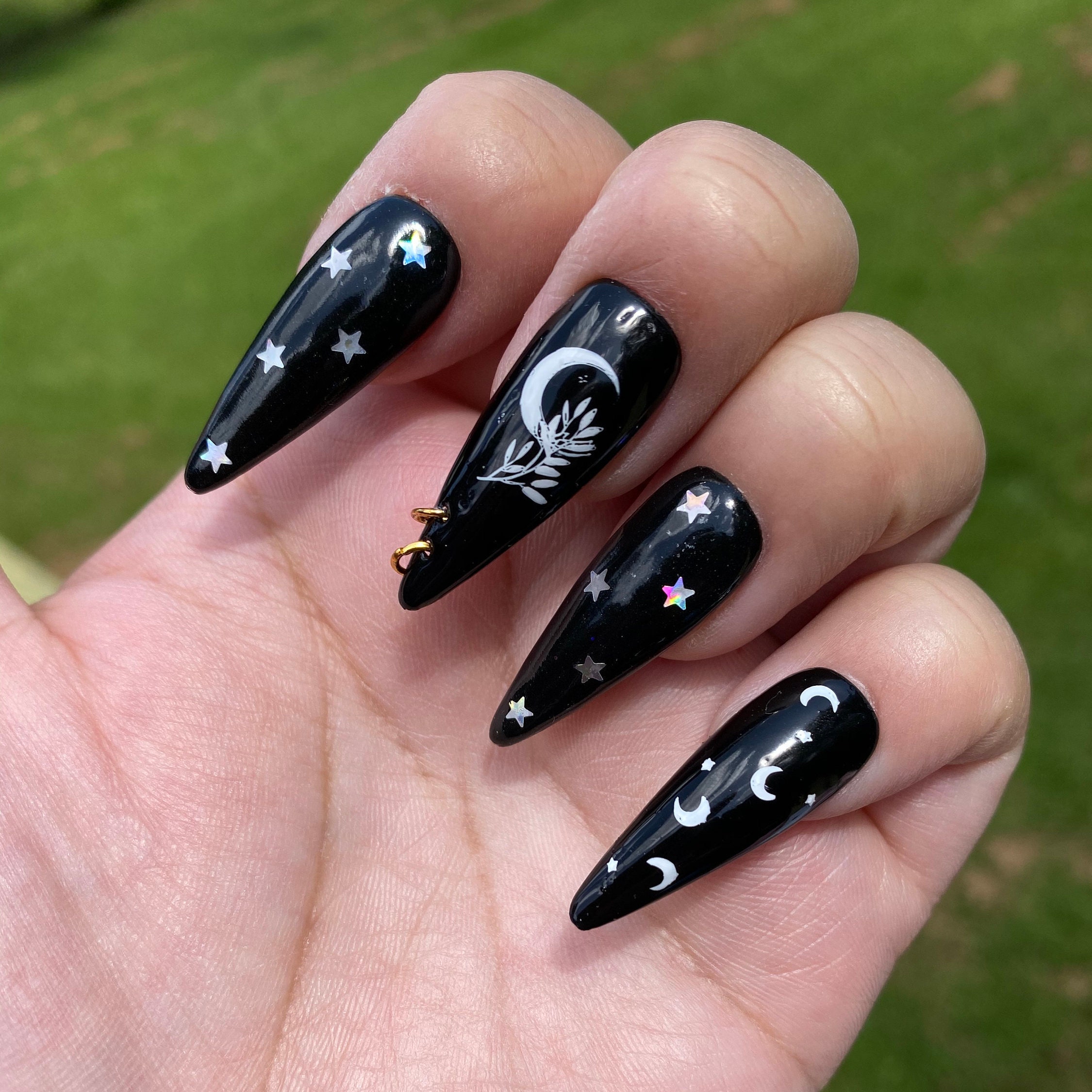 Moon child Dark black star moon nails with accent hoop nail | Etsy