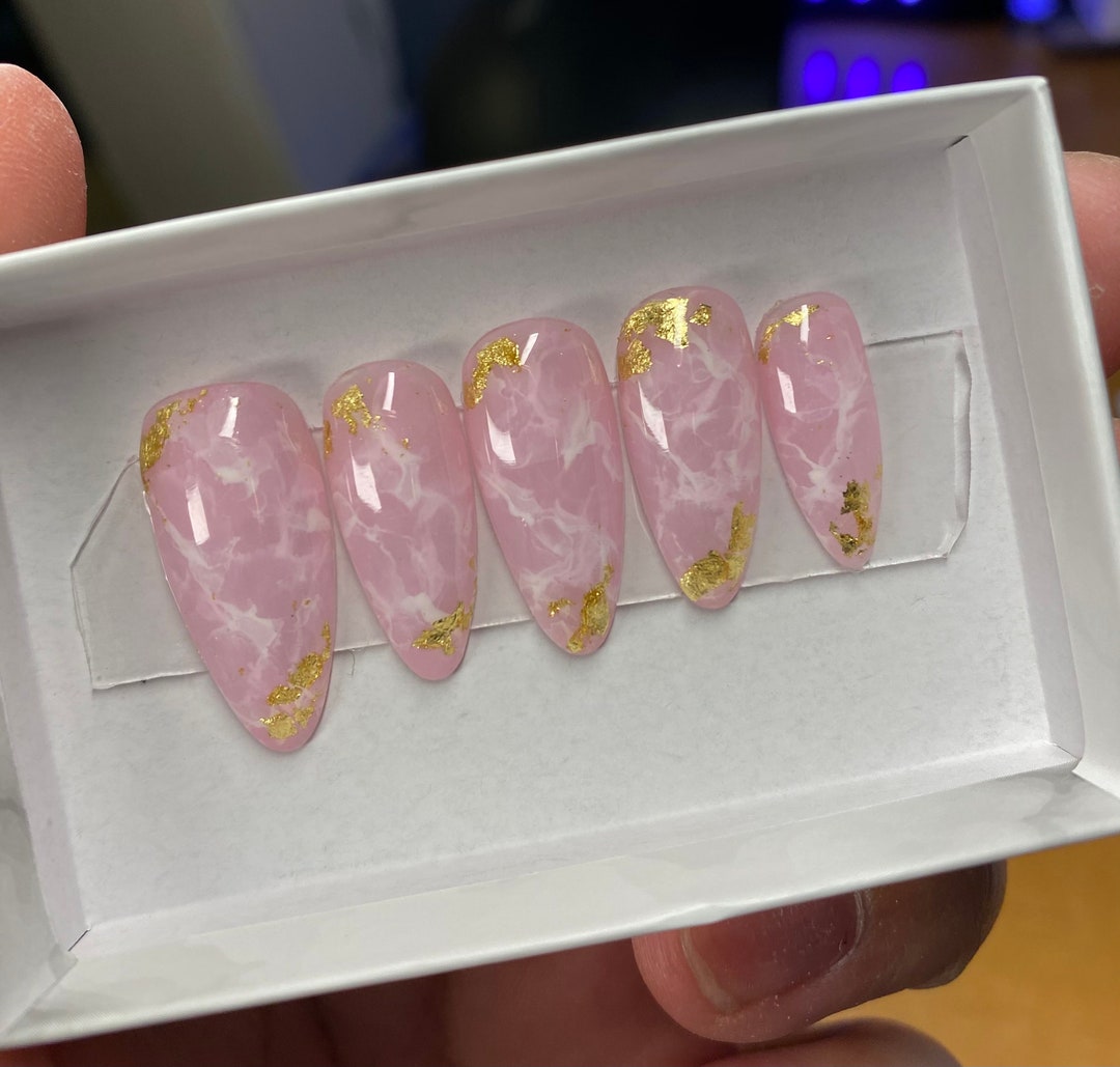 Stunning Rose Quartz Marble Nails With Gold Flakes Marble Press on