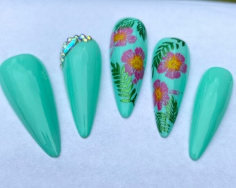 Tropical nails-blue green nails-pink flowers-stiletto nails-trendy nails styled in long stiletto