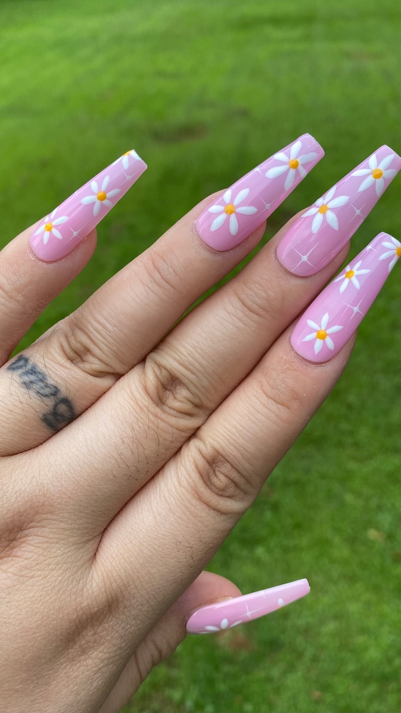 Pink daisy summer press on nails styles in long ballerina image 1