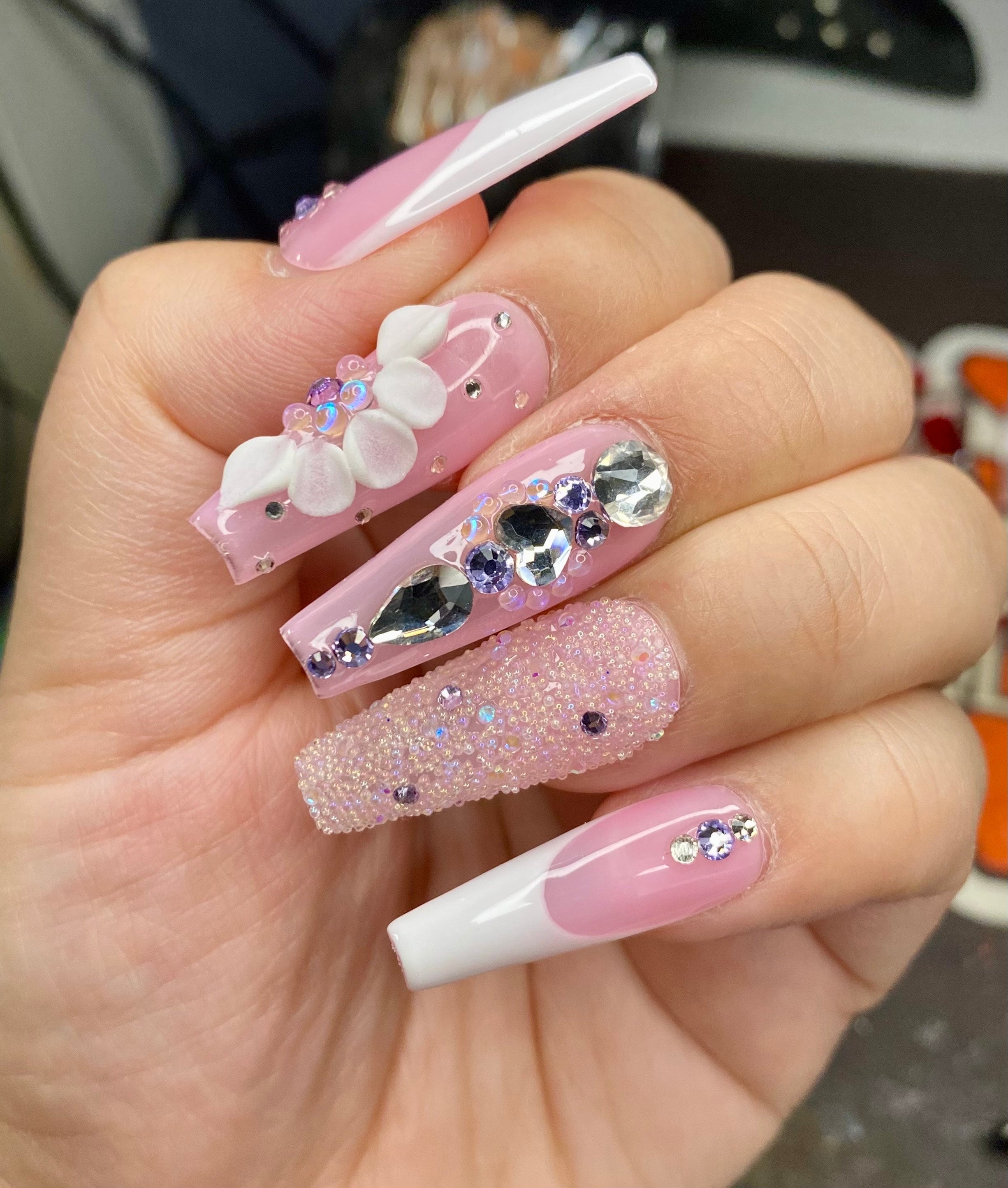 Pink French Ballerina Press on Nails: Silver Bling, 3D Flower - Etsy