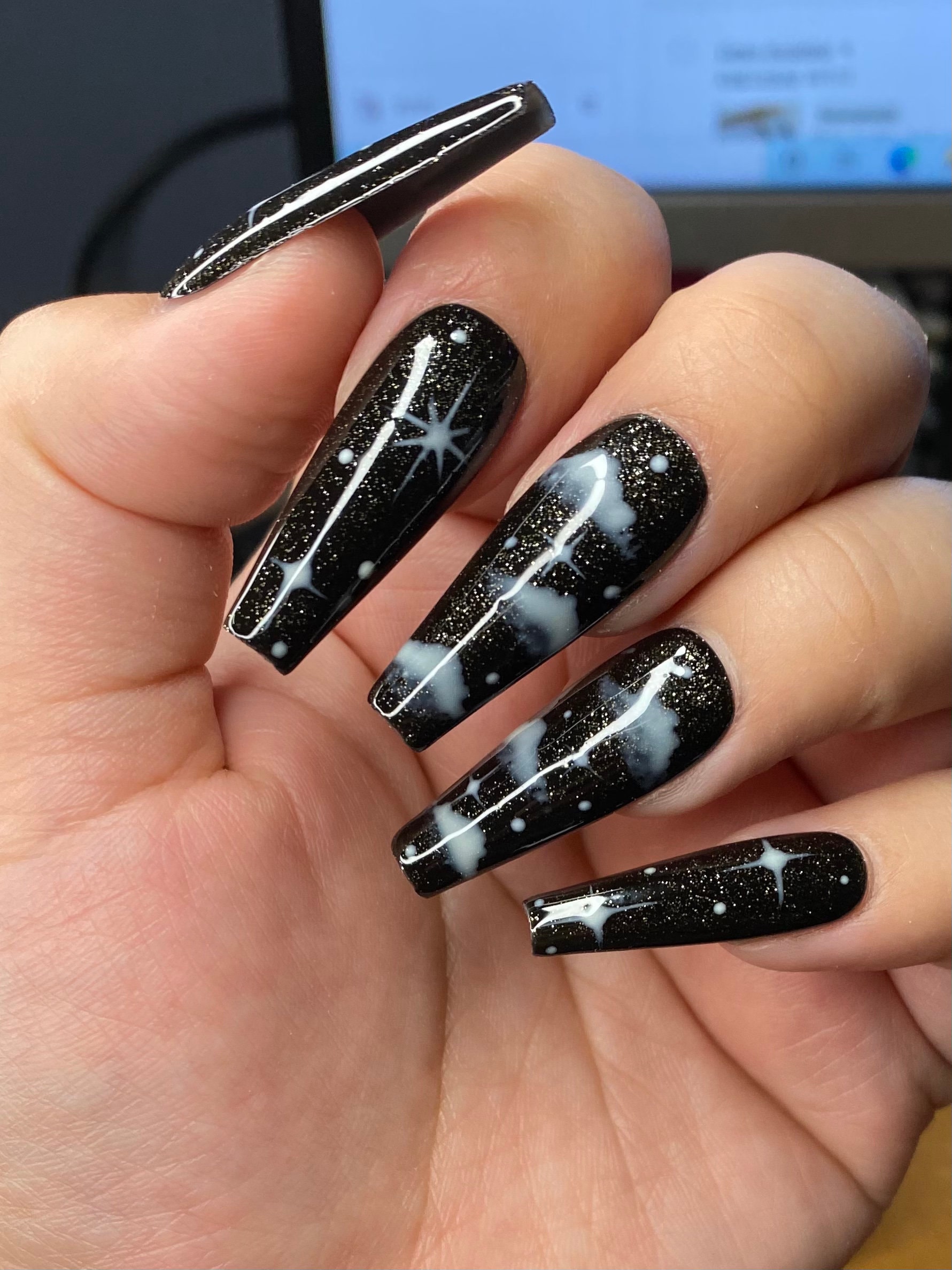 Starry Sky Black Glitter Press On Nails Glossy Full Cover - Temu