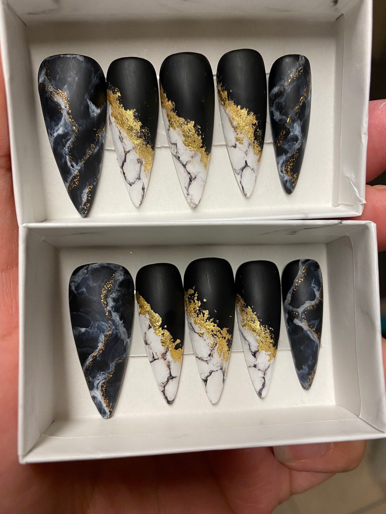 Black Marble-gold Flakes-white Marble Nails-fake Nails Styled in Long Ballerina - Etsy
