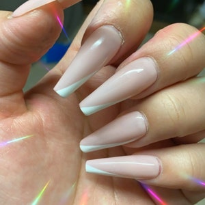 Classy French side tips nail design! white tips-trendy nails-press on nails styled in long ballerina