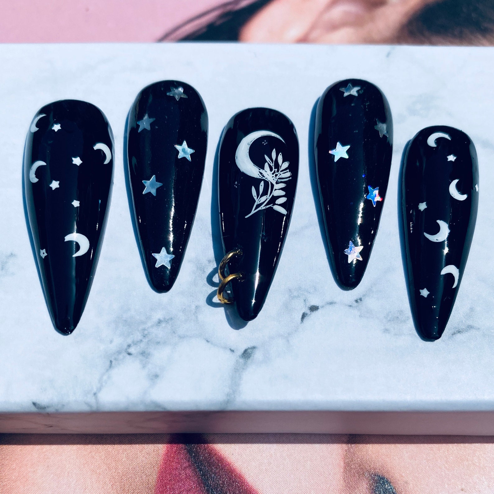 Moon Child Dark Black Star Moon Nails With Accent Hoop Nail - Etsy