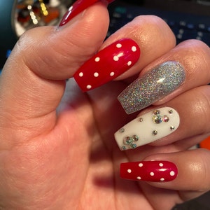 Disney Mickey Mouse-red nails-white polka dot nails-Mickey rhinestone-nail art-press on nails styled in long coffin