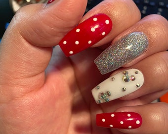 Disney Mickey Mouse-red nails-white polka dot nails-Mickey rhinestone-nail art-press on nails styled in long coffin