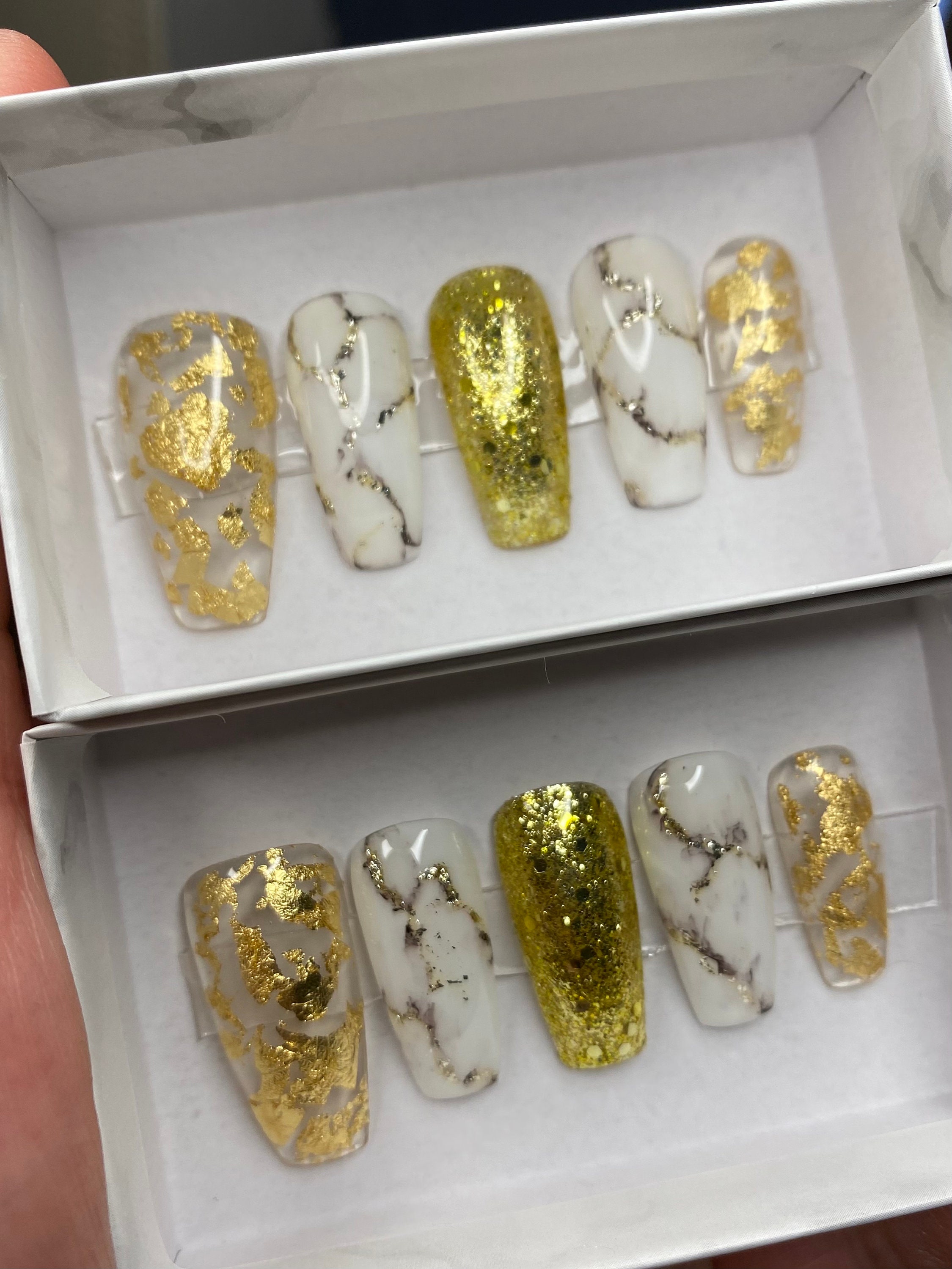 Stunning White Marble Nails With Gold Accent Nail Design Gold Etsy UK