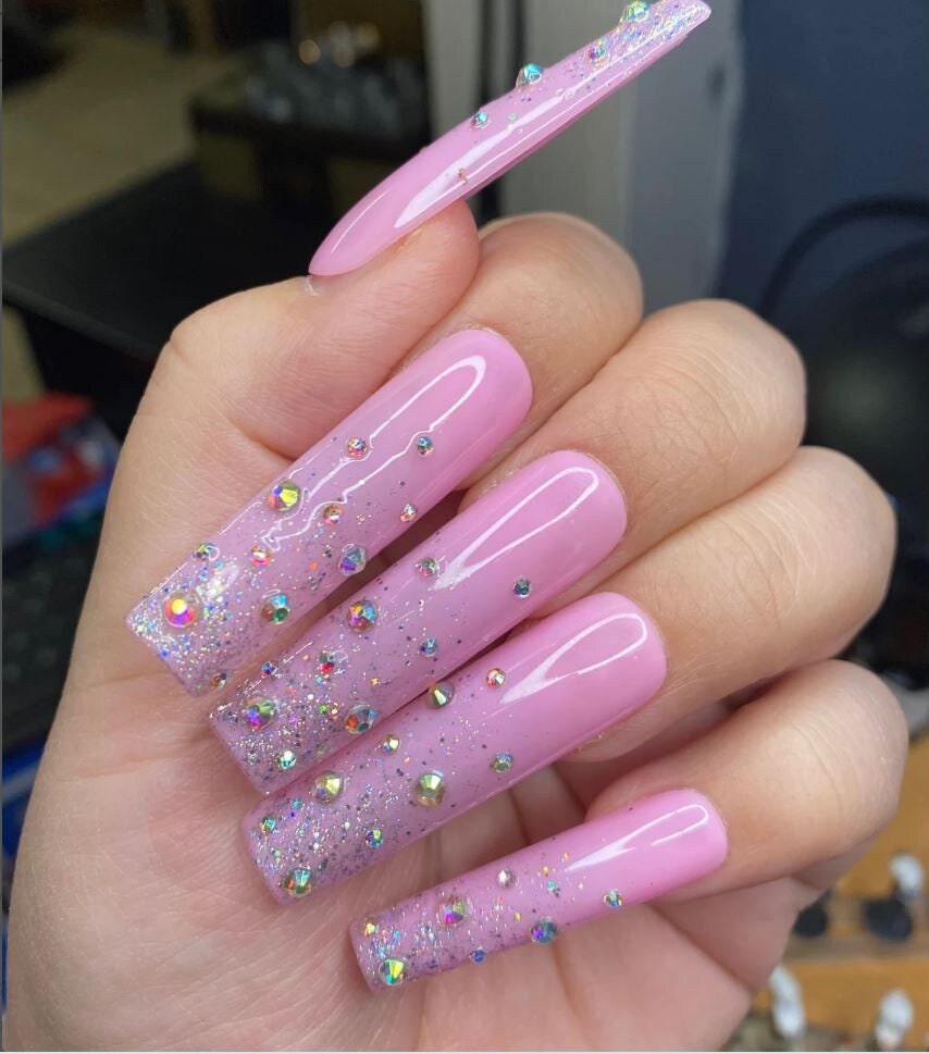 Pink and White V French Tip Floral Nail Gems Styled in Long