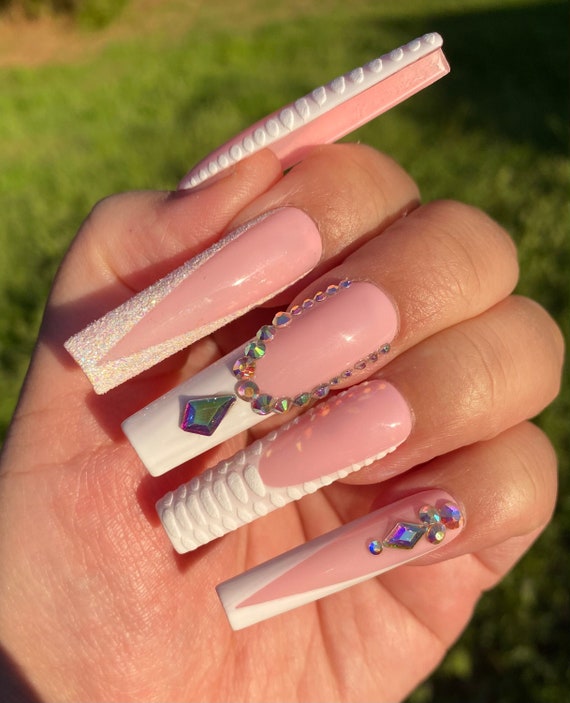 White long square nails with blue rhinestones  Nails design with  rhinestones, Bling acrylic nails, Long square acrylic nails