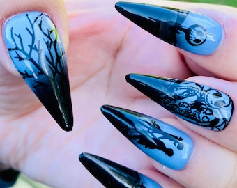 nightmare before Xmas-Jack-sally-black grey ombré-Halloween nails-long nails styled in long stiletto