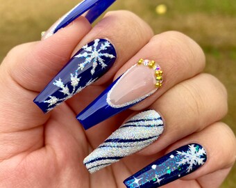 2way11本セット◎no.026クリスマスブルーフレンチガーリー ネイルチップ ネイビーブルーのクリスマスシュガーネイルアート、ロングバレリーナ