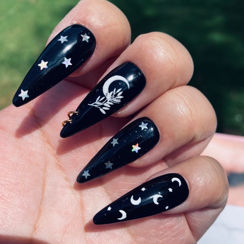 Moon Child Dark Black Star Moon Nails With Accent Hoop Nail - Etsy