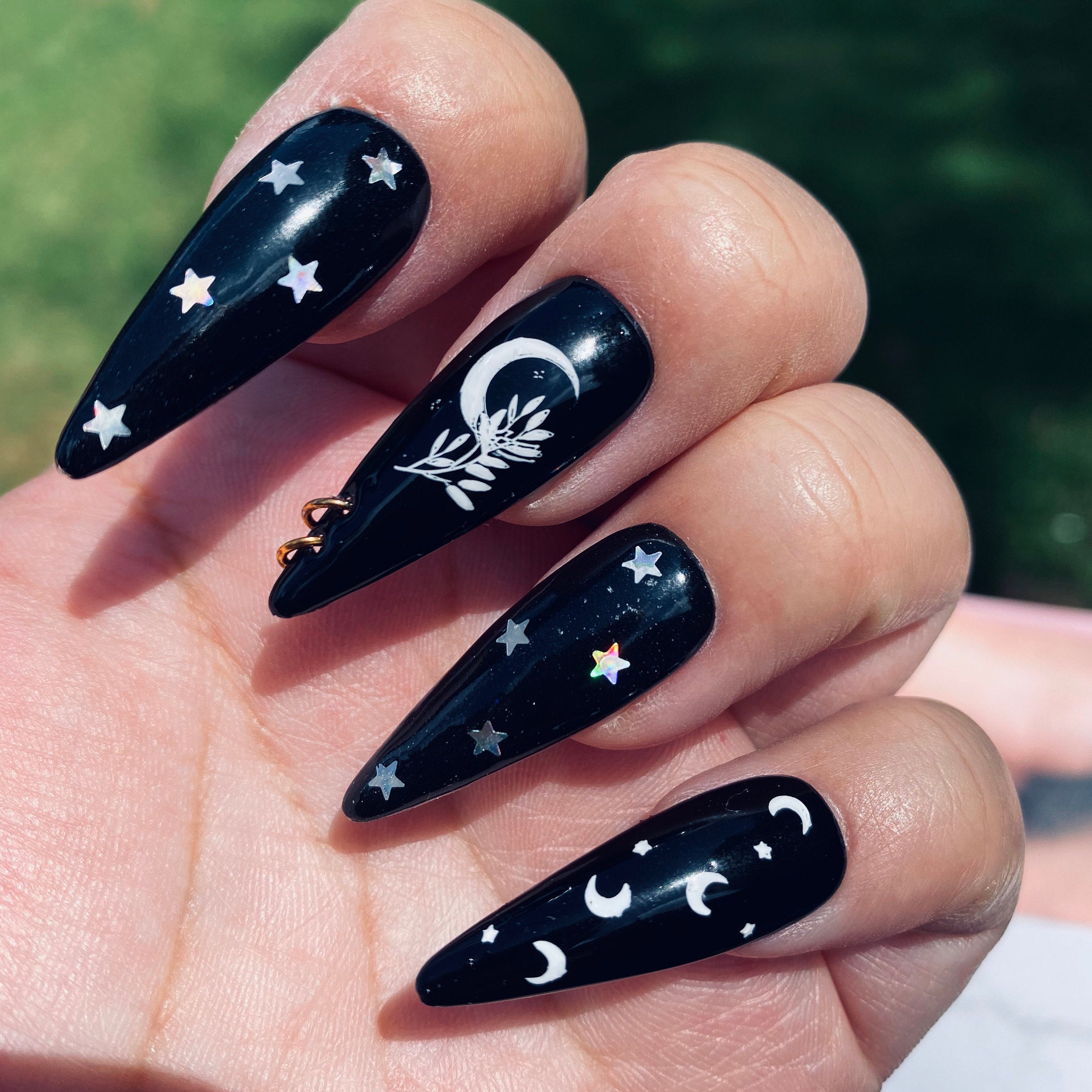 Moon Child Dark Black Star Moon Nails With Accent Hoop Nail Etsy