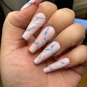 Matte marble dusty pink nails blue marble white marble trendy nails press on nails styled in long ballerina image 2