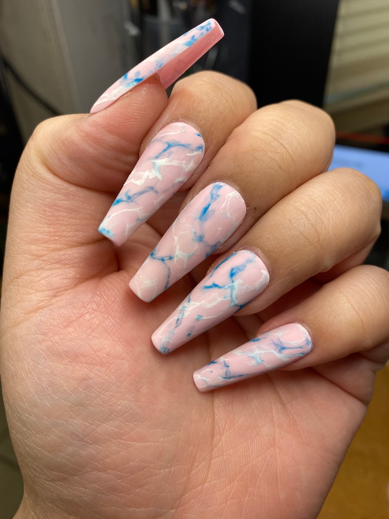 Matte marble dusty pink nails blue marble white marble trendy nails press on nails styled in long ballerina image 2