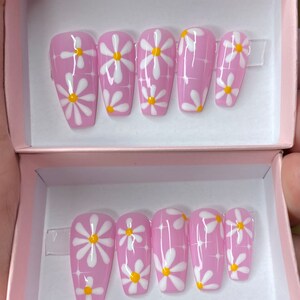 Pink daisy summer press on nails styles in long ballerina image 4