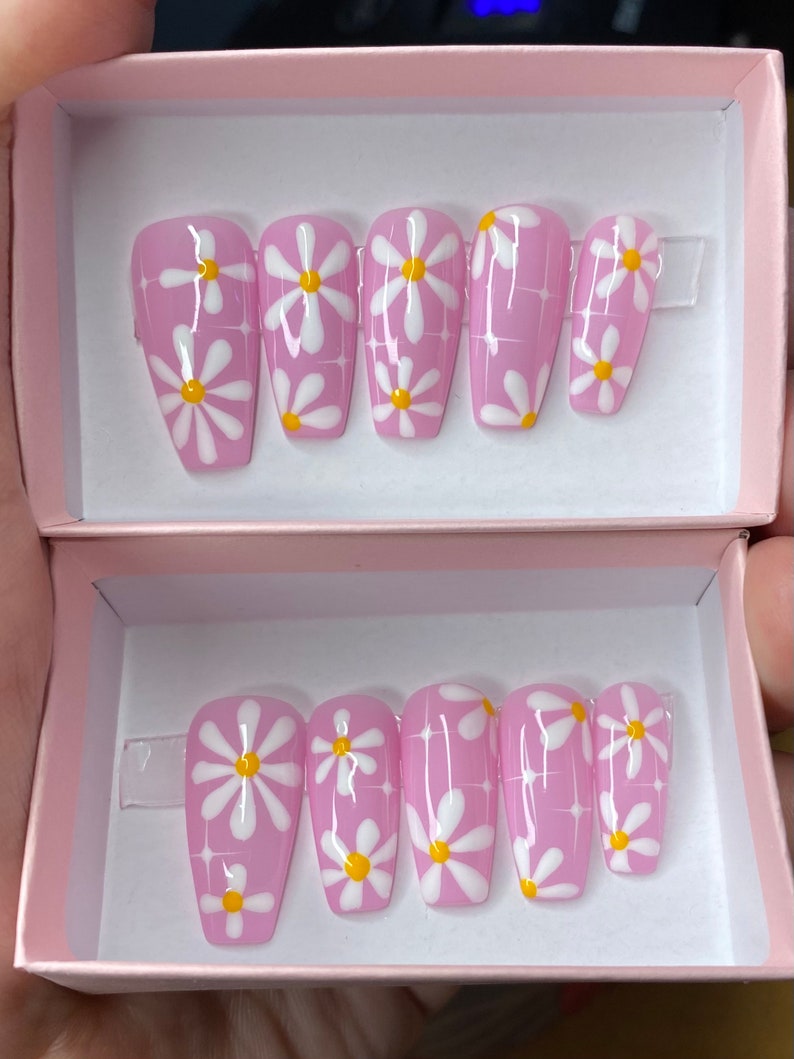 Pink daisy summer press on nails styles in long ballerina image 4