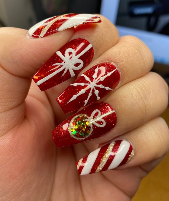 Glossy Medium Ballerina Nails Christmas Red Green Press - Temu