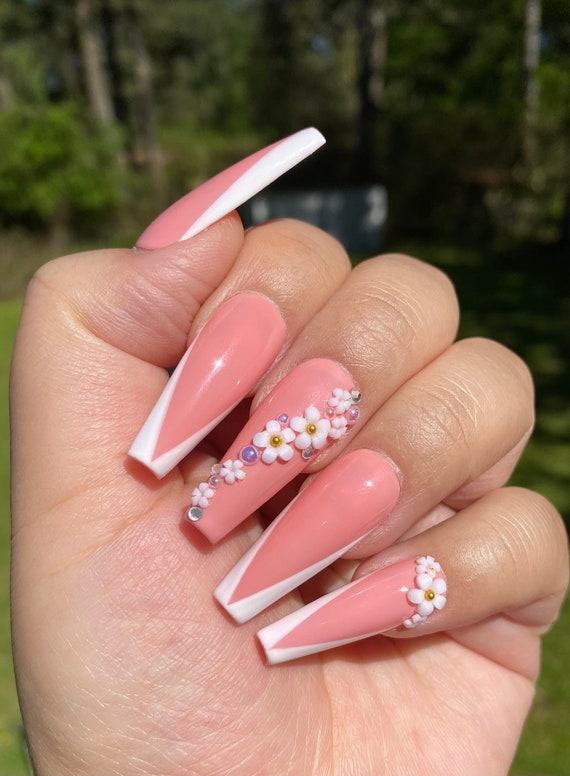 Pink and White V French Tip Floral Nail Gems Styled in Long