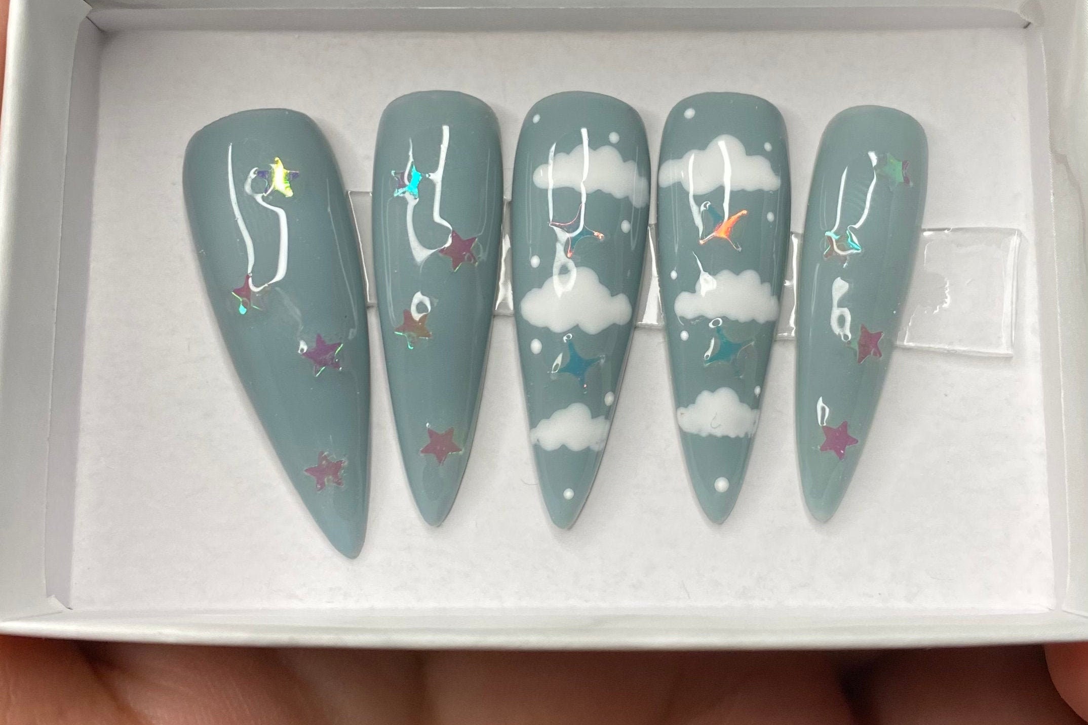 Grey clouds stars cloud press on nails long stiletto | Etsy