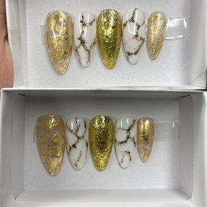 Stunning White Marble Nails With Gold Accent Nail Design Gold Flake Nail Art Press on Nails
