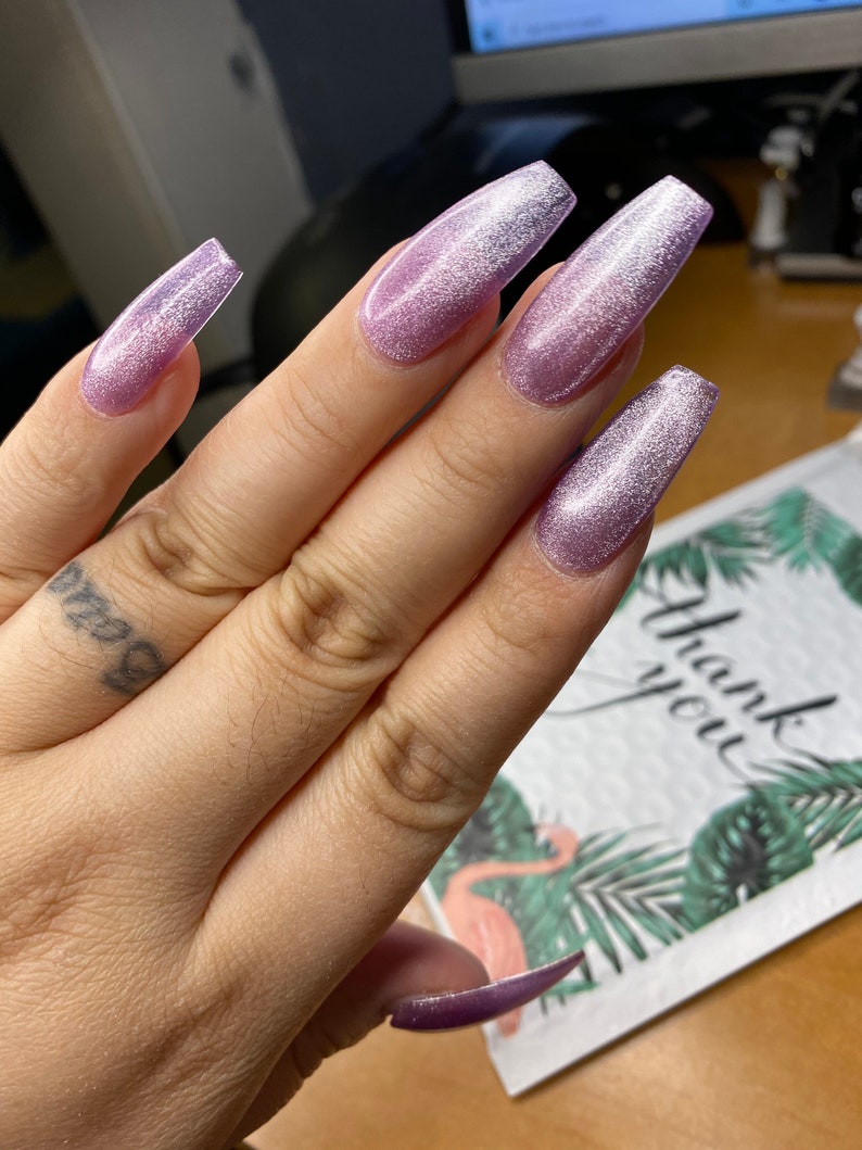 Lavender-lilac crystal velvet press on nails-shiny lavender glue on nails styled in long coffin image 1