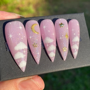 Unhas de pressão estilo rosa, nuvem, estrela, lua, arco-íris, irredentista, brilho, estilo, stiletto longo