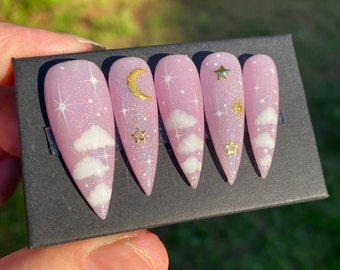 Pink cloud star moon rainbow irredentist shimmer press on nails-styled in long stiletto